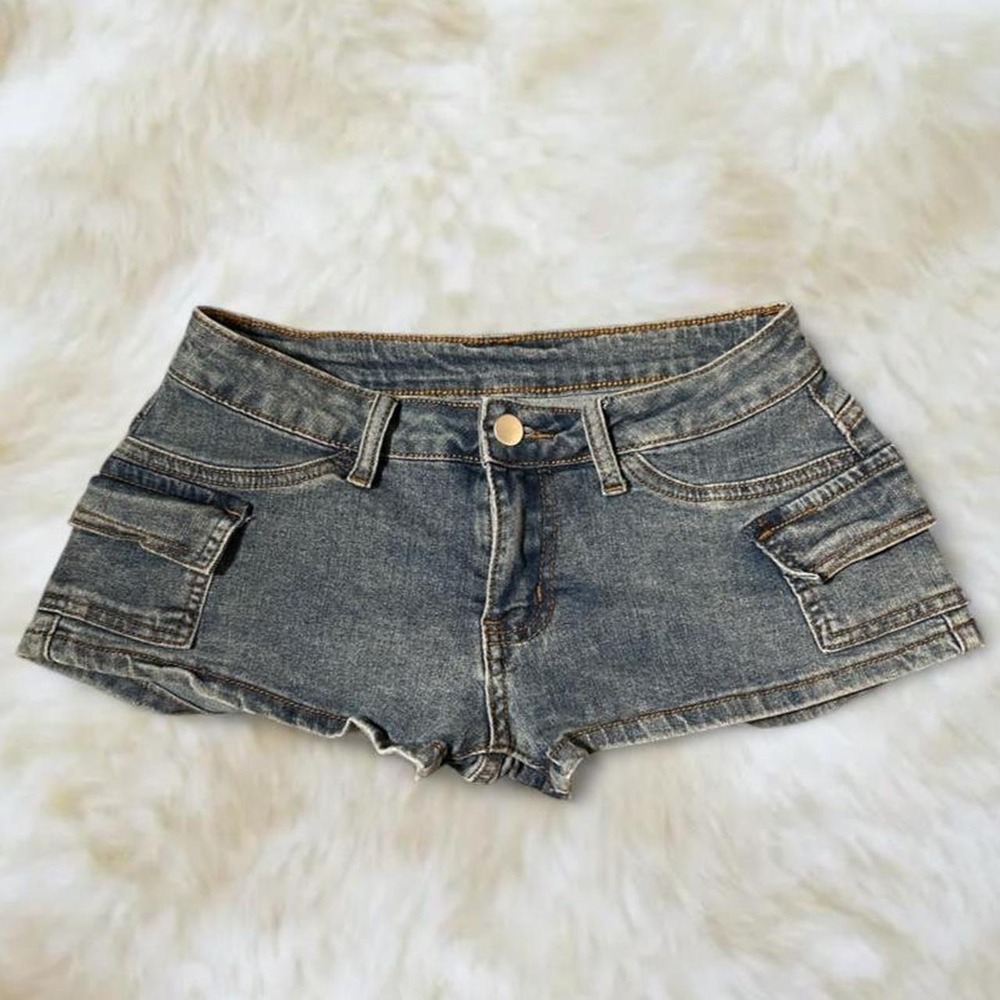 Y2K Blue Denim Shorts Low Rise Jean Shorts Utility Pocket Raw Hem XS